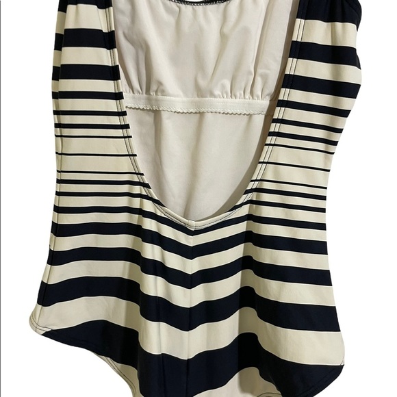 DKNY one piece swimsuit. Striped cream and blue colors. Size 12. Open back low. - Picture 4 of 6